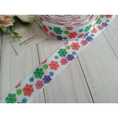 Лента репсовая 25 мм "Цветные снежинки на белом"